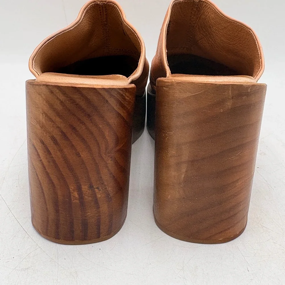 Free People Leather Platform Clog Mules Women 6.5 Tan Wood Block Heel EUR 36.5